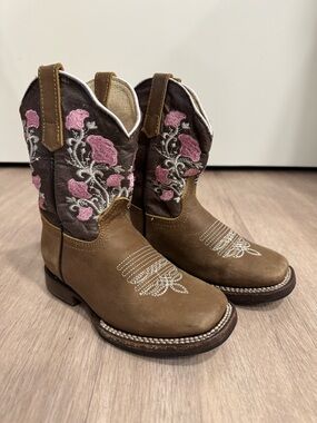 Kids Brown Leather Cowboy Boots with Pink Floral Embroidery